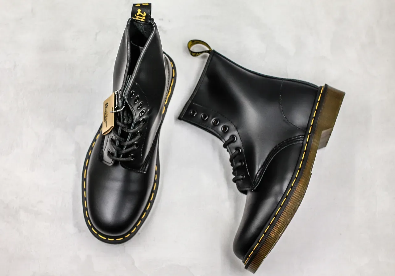 Dr. Martens 1460 Black Smooth Leather Yellow Stitch Martin Boots 3