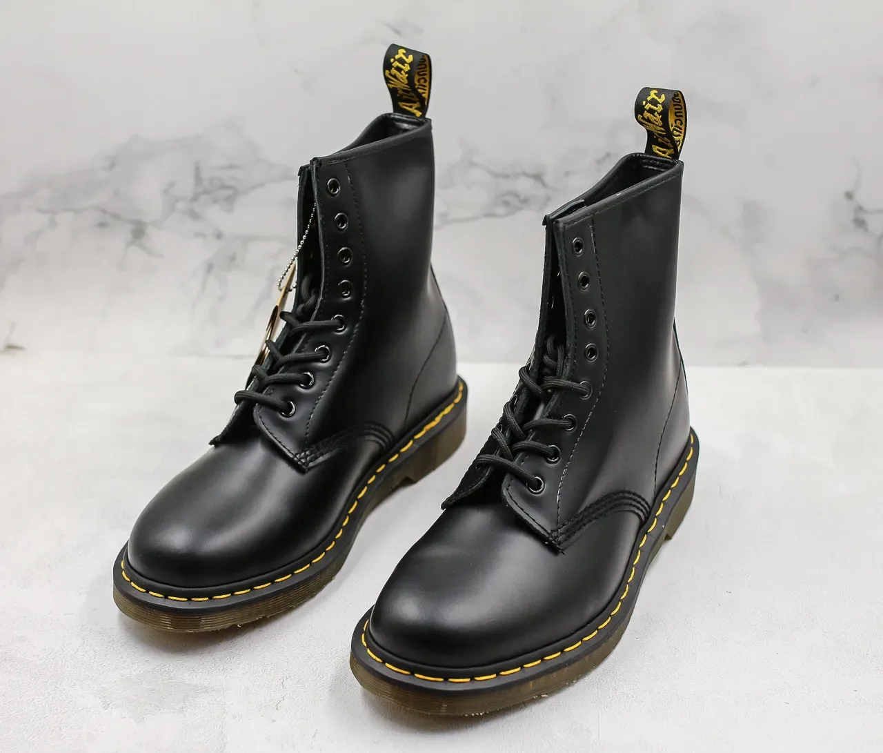 Dr. Martens 1460 Black Smooth Leather Yellow Stitch Martin Boots 4