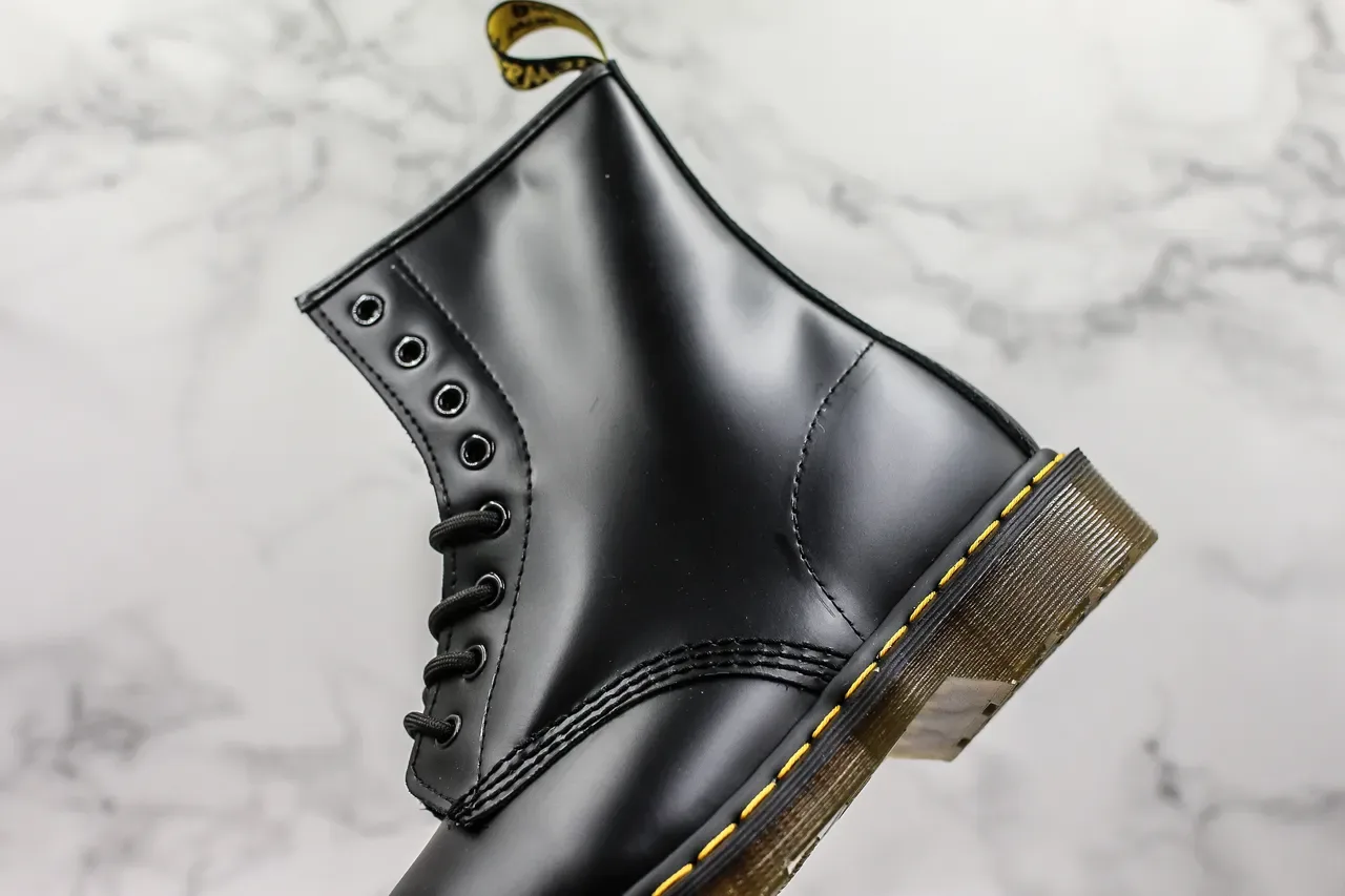 Dr. Martens 1460 Black Smooth Leather Yellow Stitch Martin Boots 6