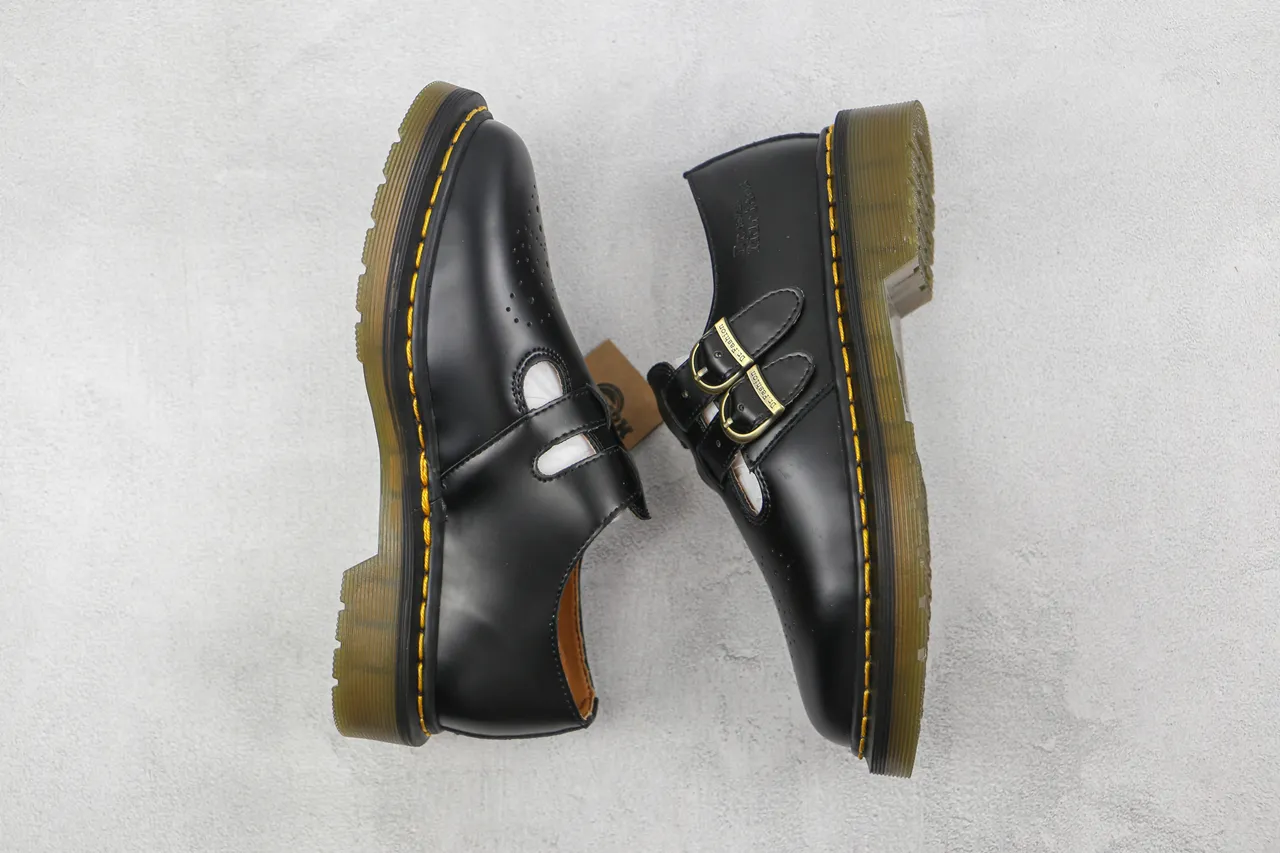 Dr. Martens Mary Jane Black Yellow T-Bar Strap Dual Gold Buckles Mary Jane Shoes 2
