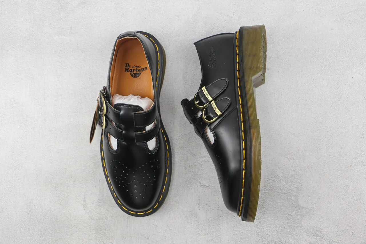Dr. Martens Mary Jane Black Yellow T-Bar Strap Dual Gold Buckles Mary Jane Shoes 3