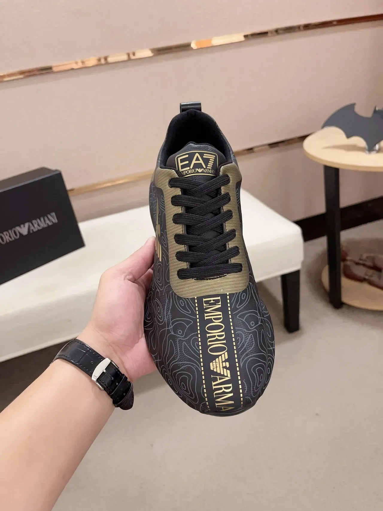 Emporio Armani Black Gold Topographic Line Print Eagle Logo Sneakers 2