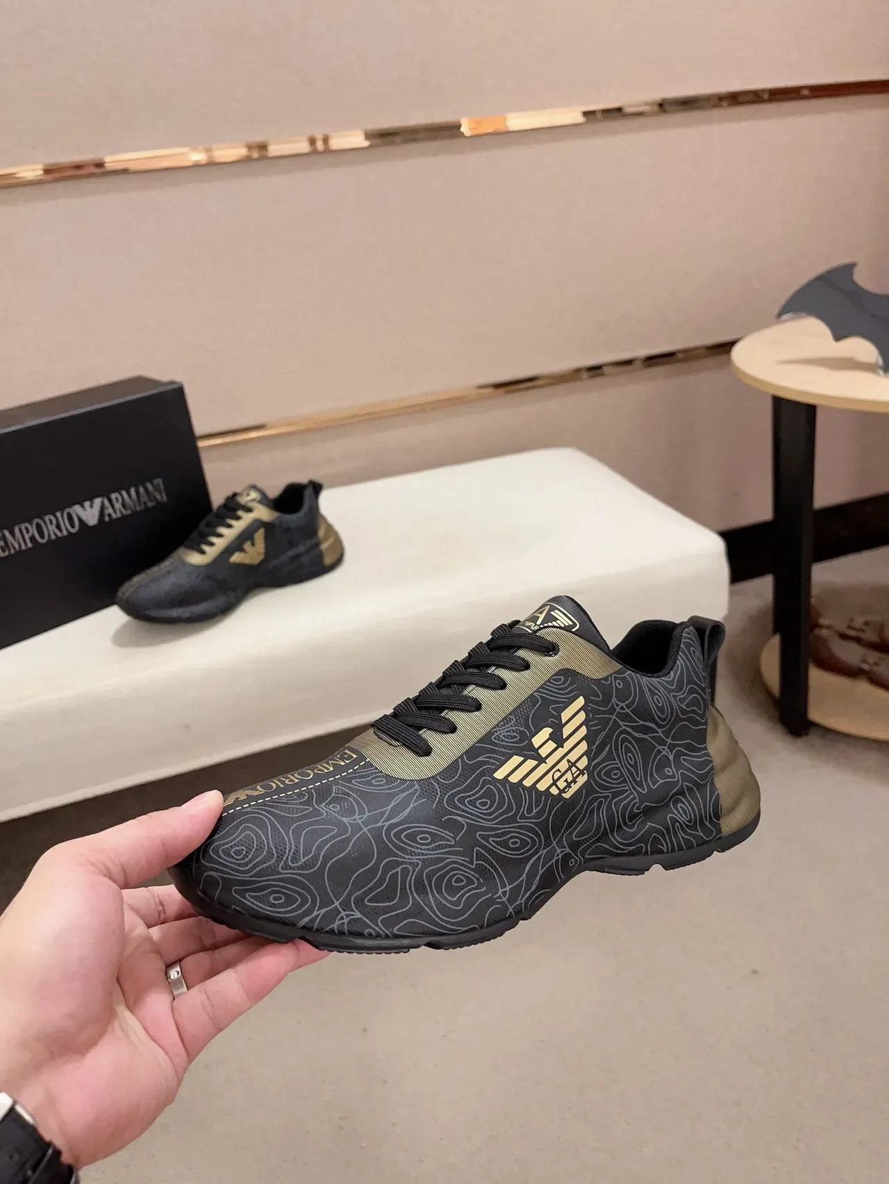 Emporio Armani Black Gold Topographic Line Print Eagle Logo Sneakers 3