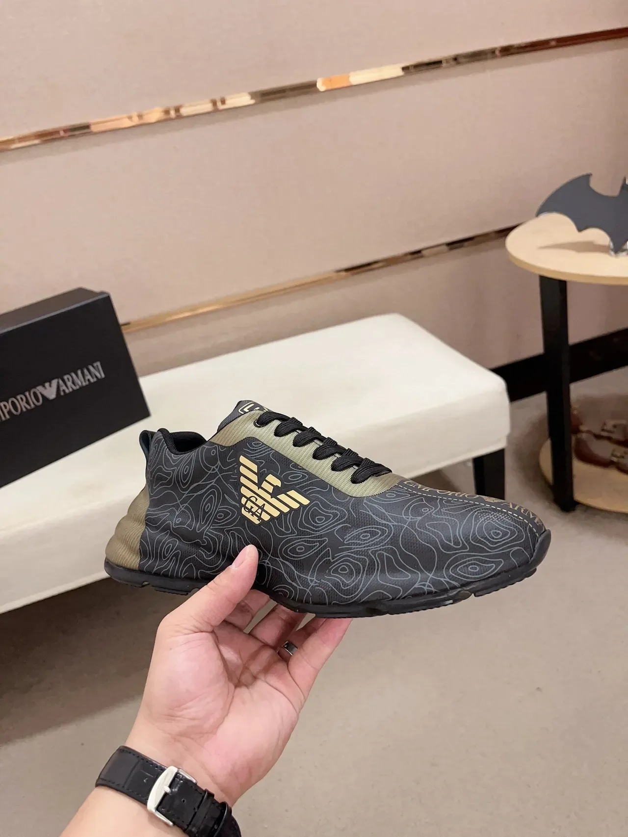 Emporio Armani Black Gold Topographic Line Print Eagle Logo Sneakers 4