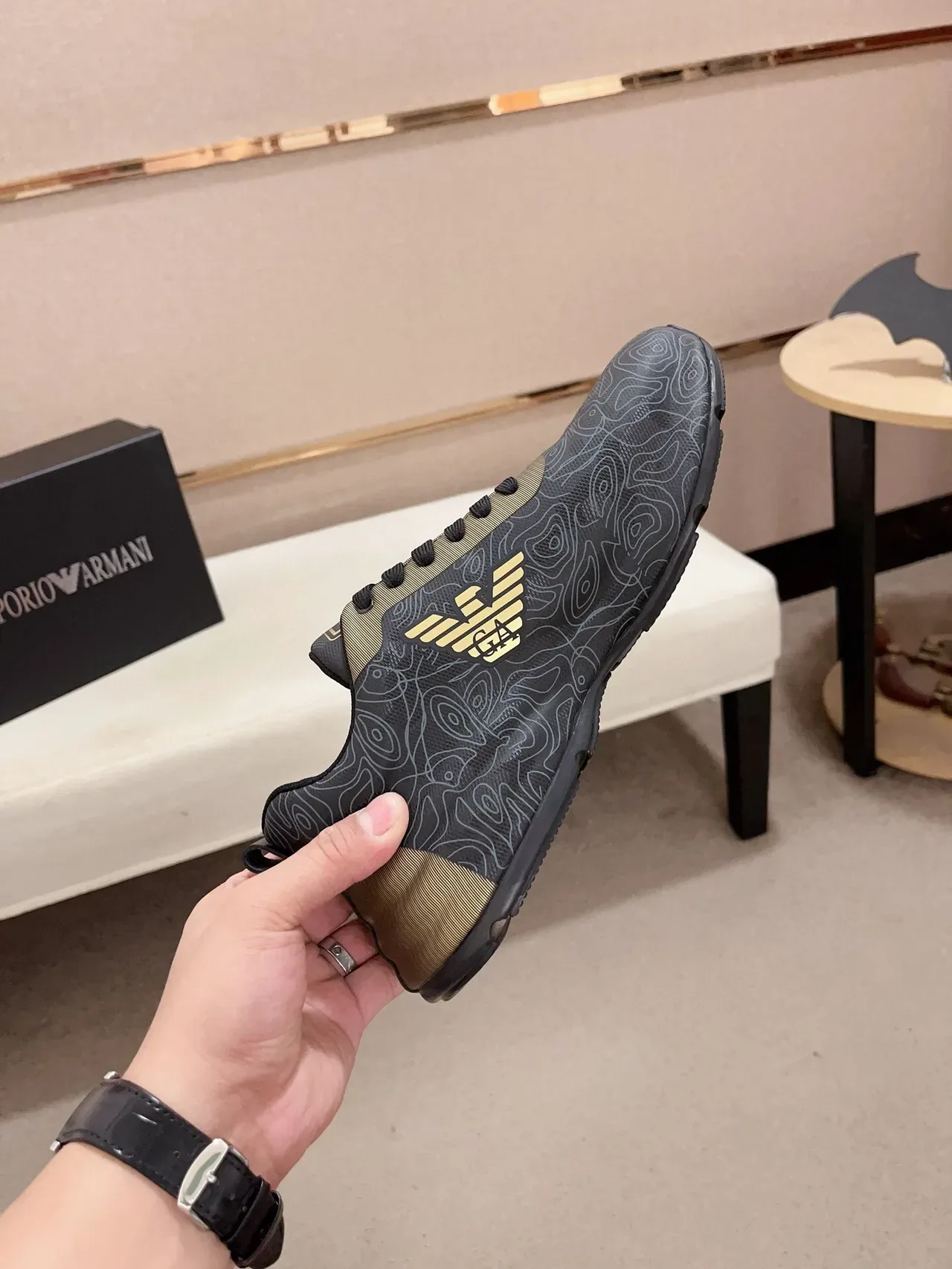 Emporio Armani Black Gold Topographic Line Print Eagle Logo Sneakers 5