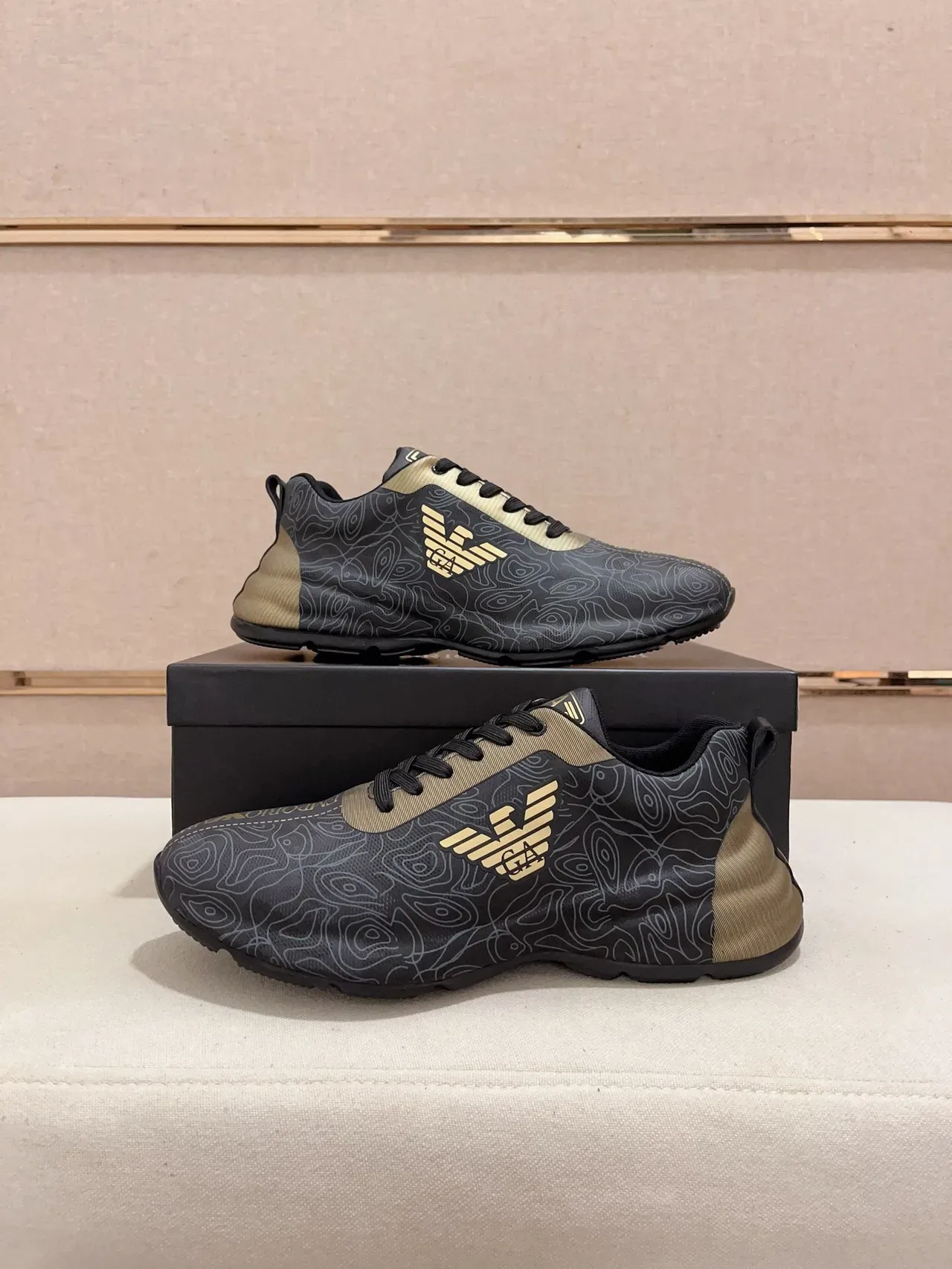 Emporio Armani Black Gold Topographic Line Print Eagle Logo Sneakers 7