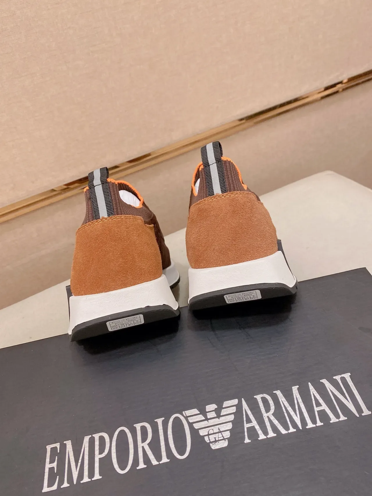 Emporio Armani Brown Beige Slip-On Knit Layered Leather Strap Lifestyle Sneakers 3