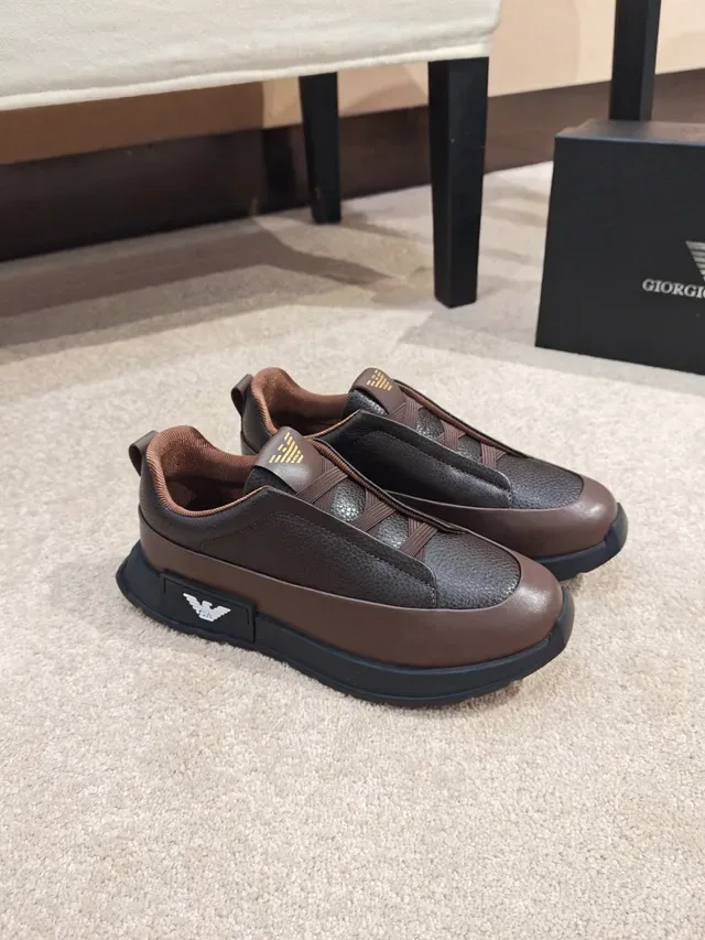 Emporio Armani Brown Black Slip-On Construction Pebbled And Smooth Leather Contrast Sneakers 4