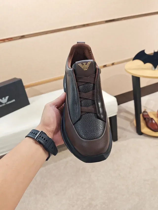 Emporio Armani Brown Black Slip-On Construction Pebbled And Smooth Leather Contrast Sneakers 5