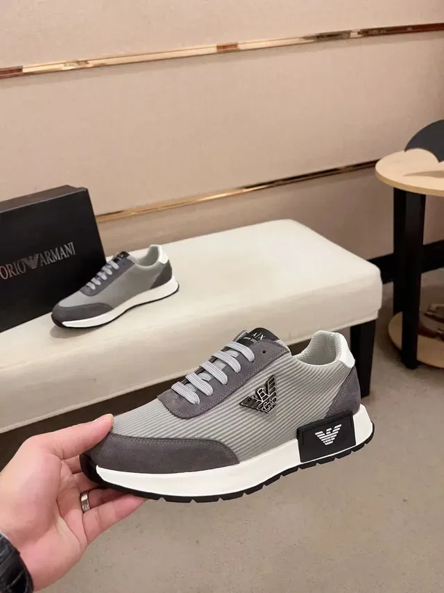 Emporio Armani Cinza Preto Tricô Acanalado Superior Camadas de Camurça Tênis Lifestyle 3