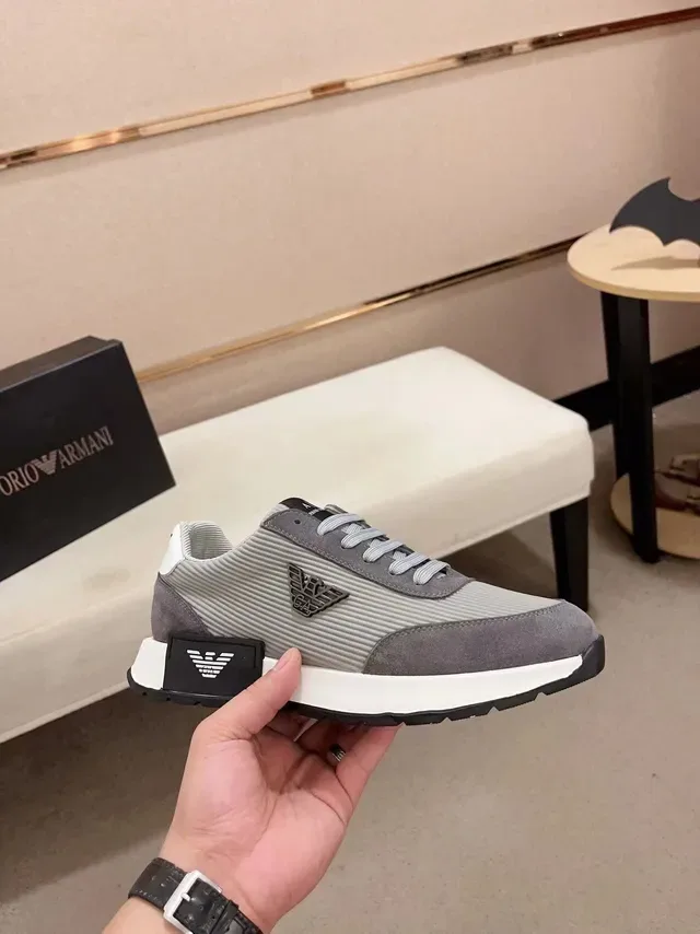 Emporio Armani Cinza Preto Tricô Acanalado Superior Camadas de Camurça Tênis Lifestyle 4