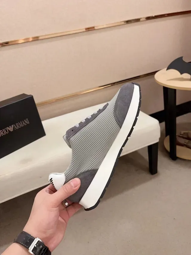 Emporio Armani Cinza Preto Tricô Acanalado Superior Camadas de Camurça Tênis Lifestyle 5