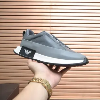 Emporio Armani Gray White Laceless Slip-On Construction Layered Leather Upper Lifestyle Sneakers