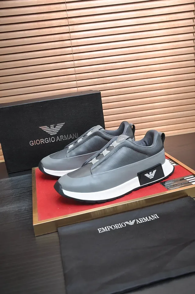 Emporio Armani Gray White Laceless Slip-On Construction Layered Leather Upper Lifestyle Sneakers 4