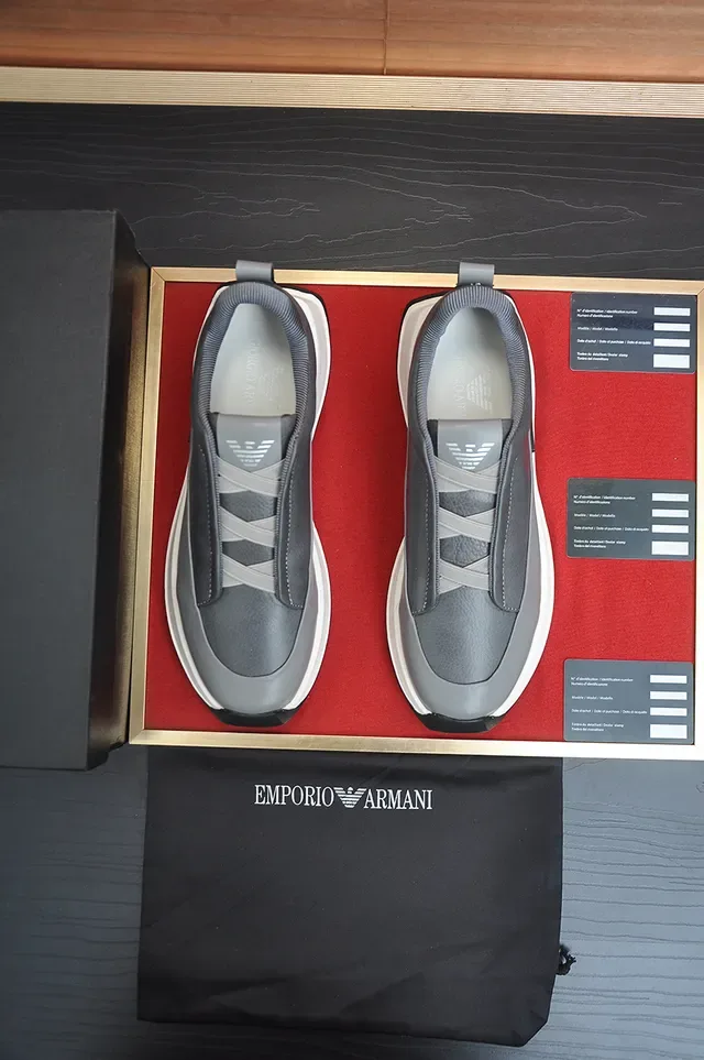 Emporio Armani Gray White Laceless Slip-On Construction Layered Leather Upper Lifestyle Sneakers 5