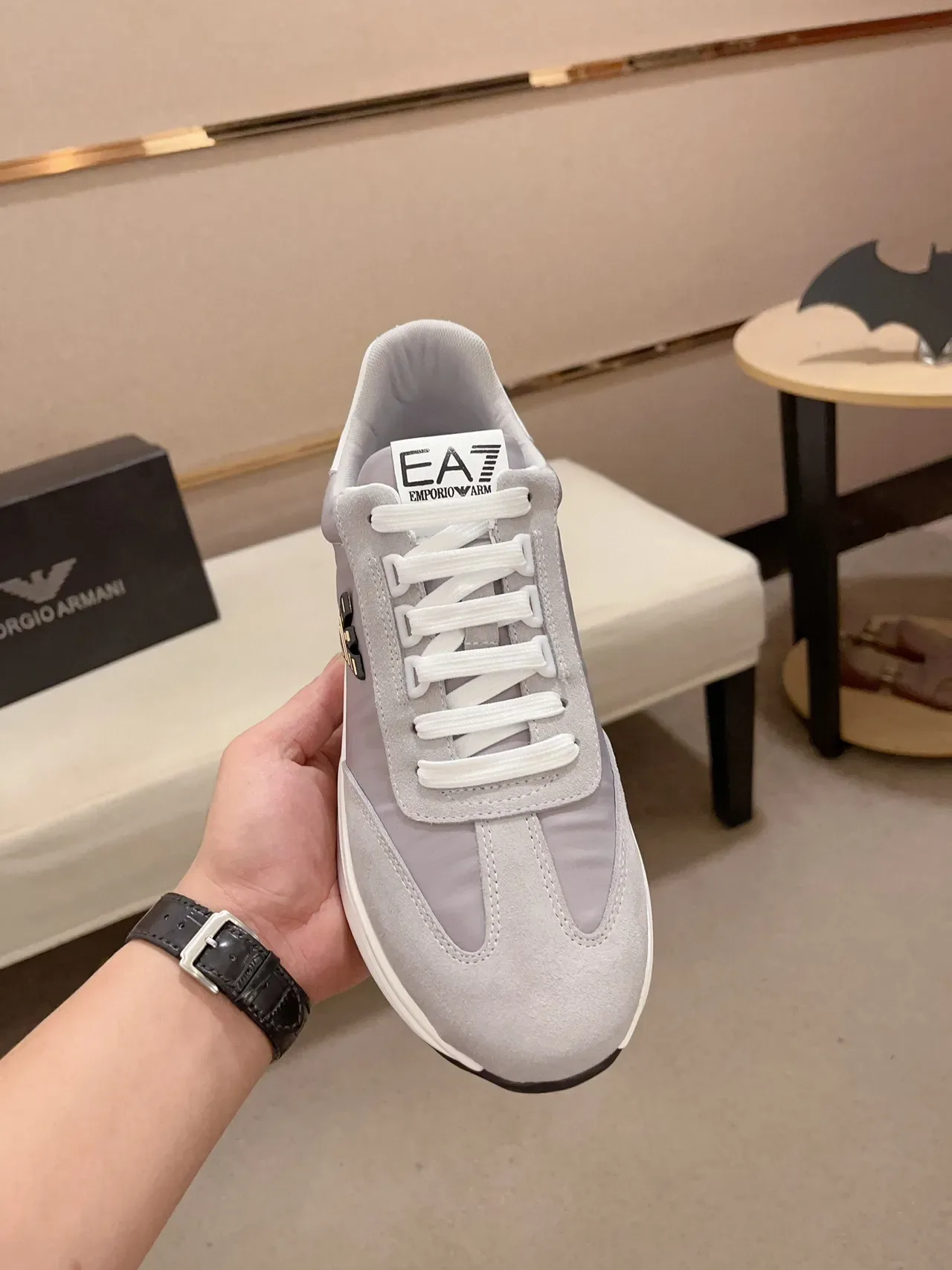 Emporio Armani Gray White Low-Top Suede-and-Mesh Upper Sneakers 3