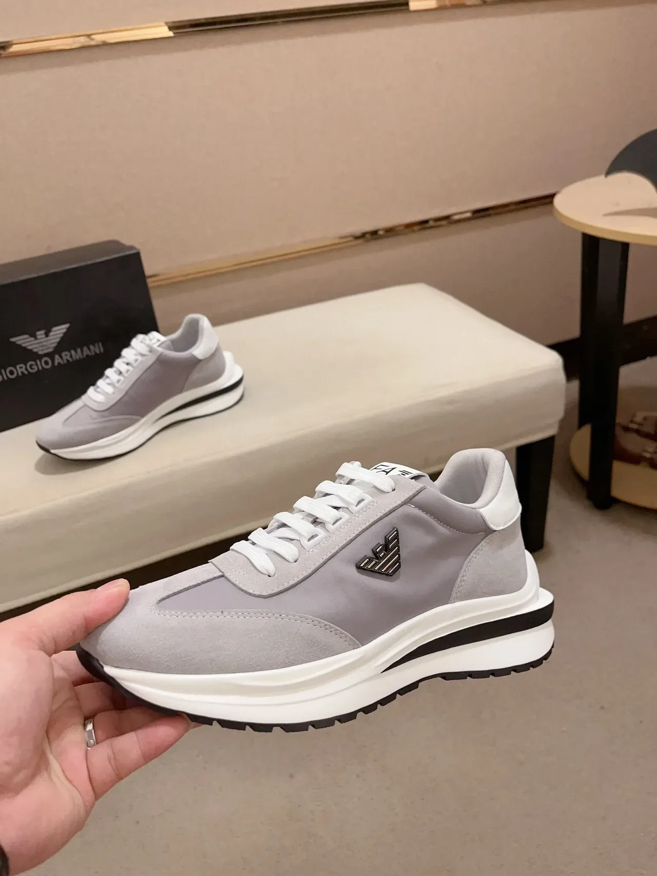 Emporio Armani Gray White Low-Top Suede-and-Mesh Upper Sneakers 4