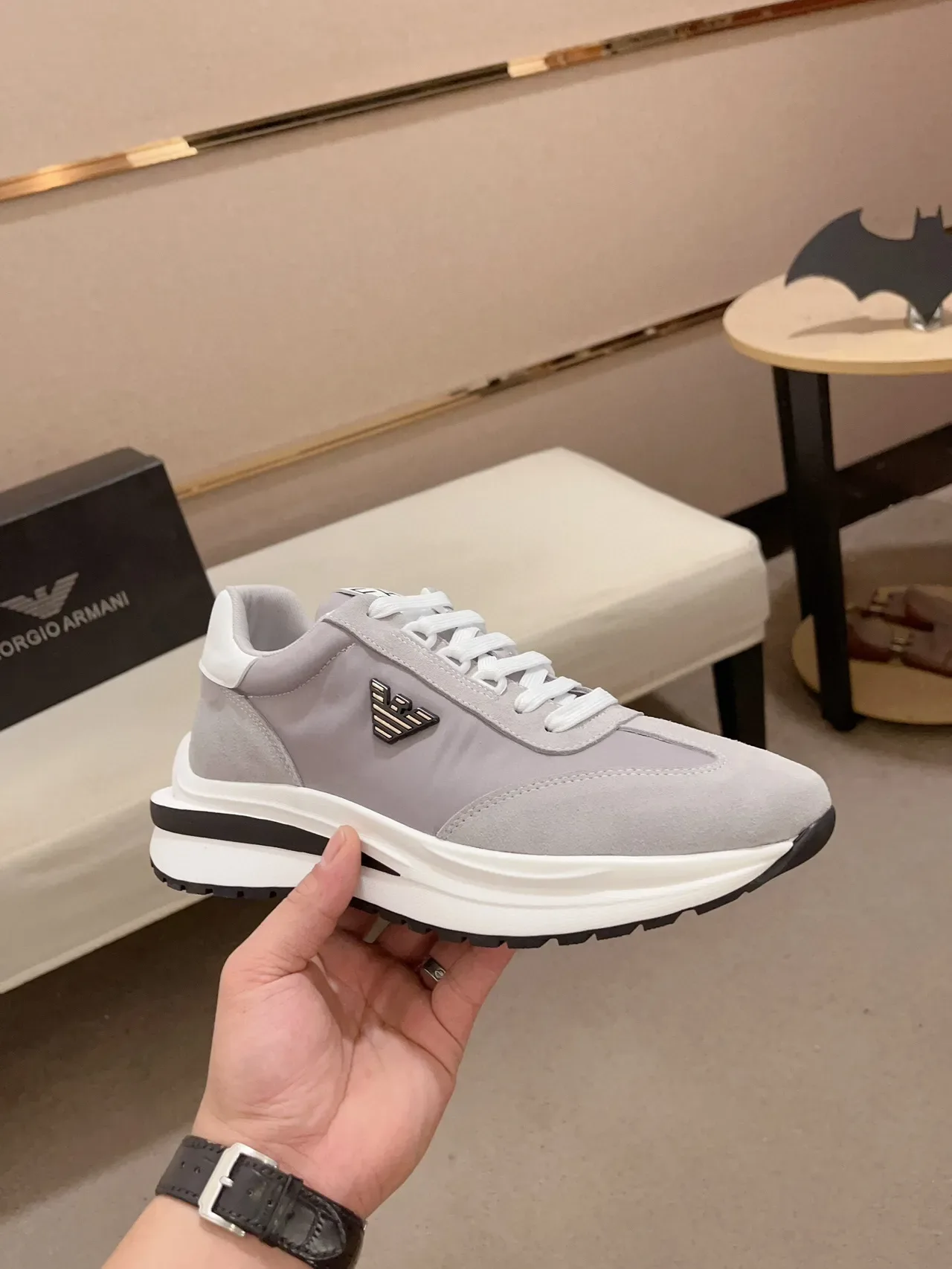 Emporio Armani Gray White Low-Top Suede-and-Mesh Upper Sneakers 5