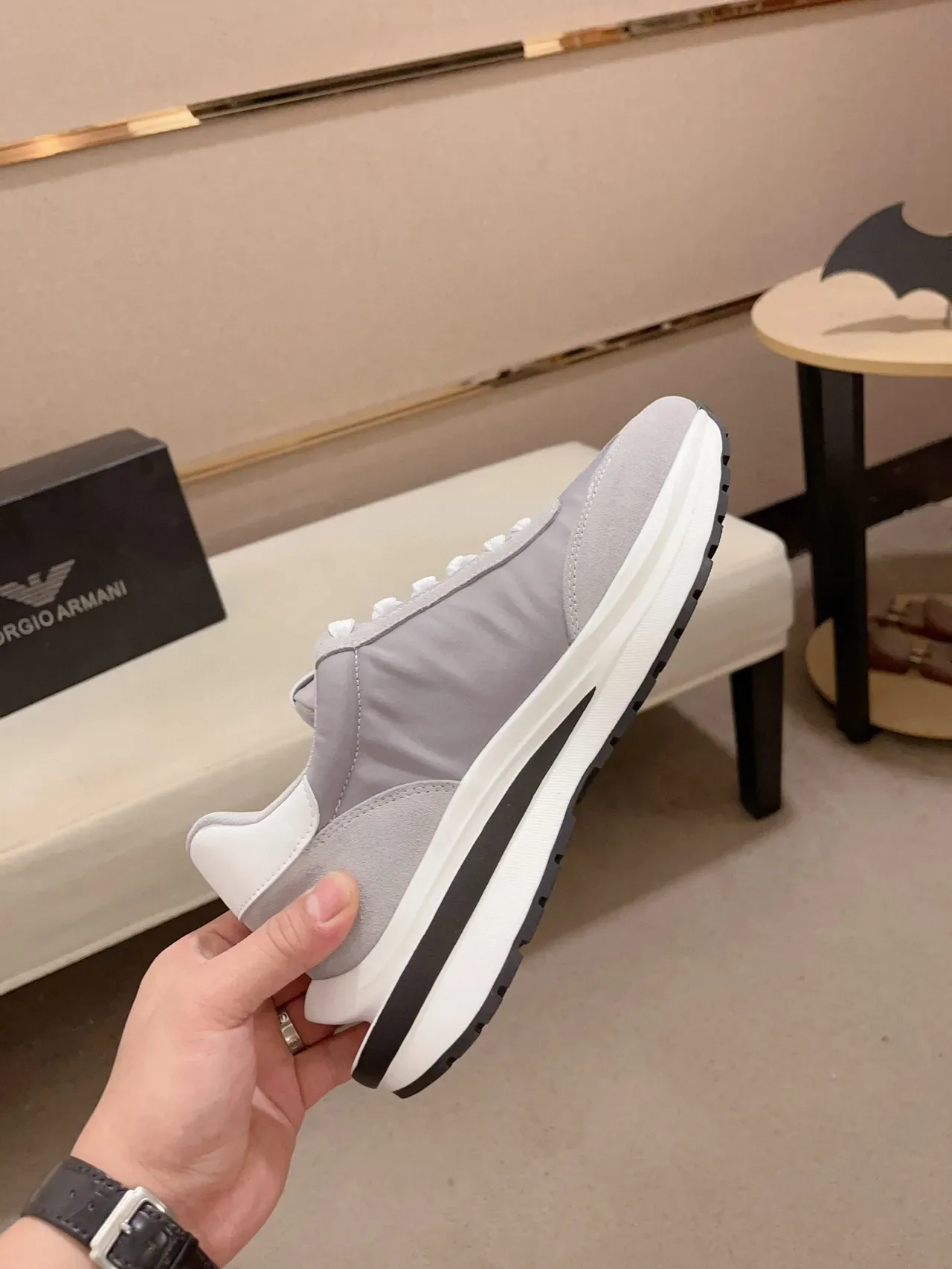 Emporio Armani Gray White Low-Top Suede-and-Mesh Upper Sneakers 6