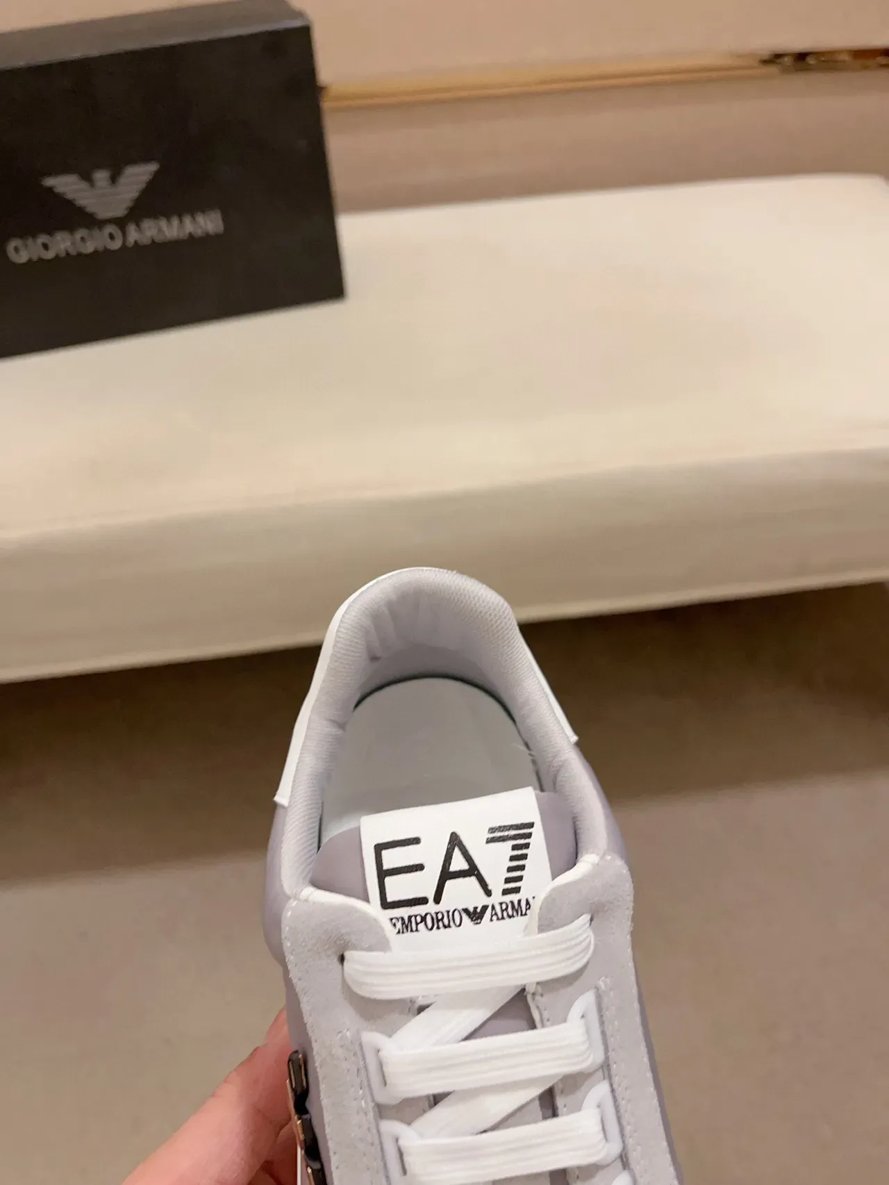 Emporio Armani Gray White Low-Top Suede-and-Mesh Upper Sneakers 7