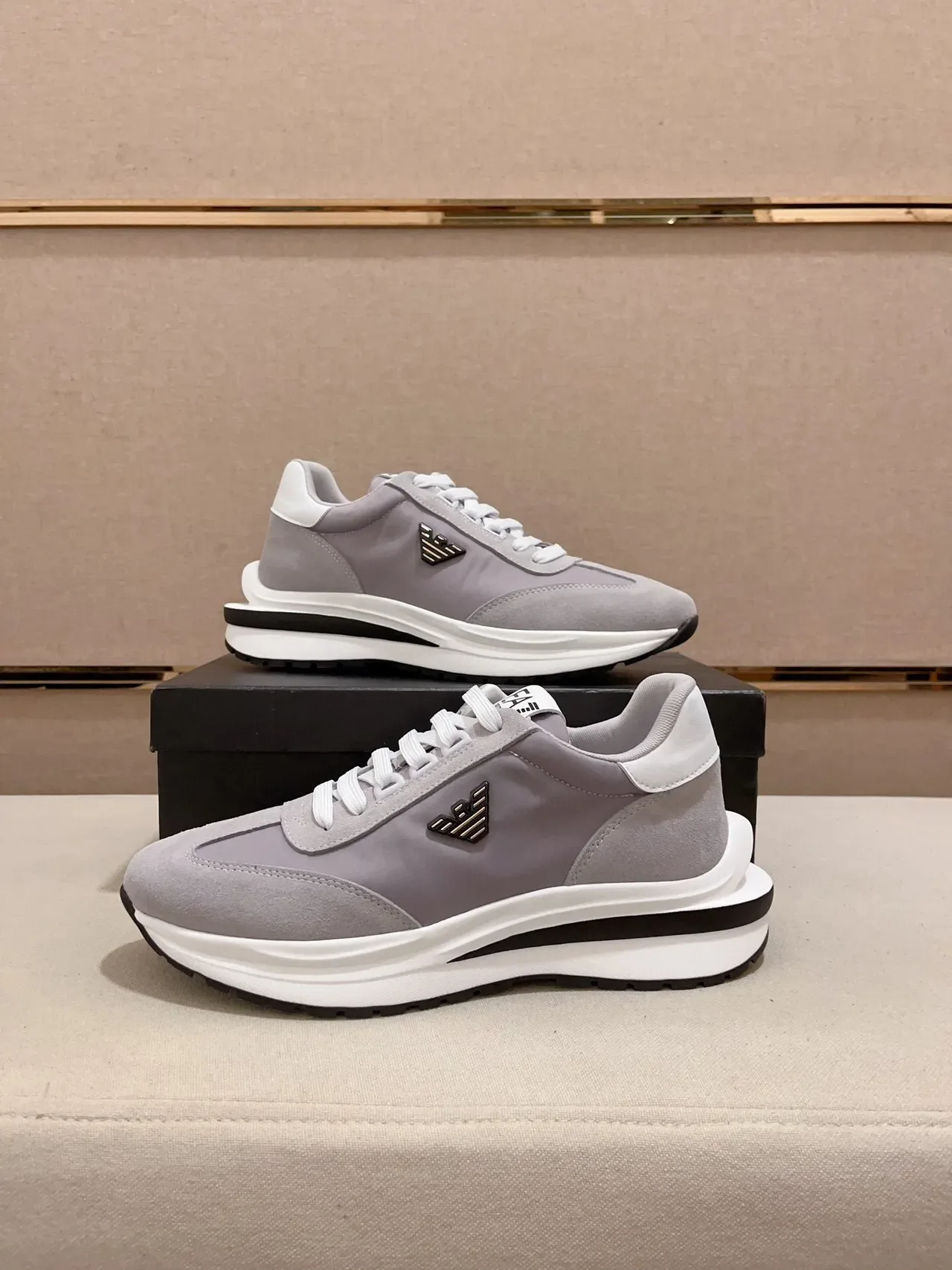 Emporio Armani Gray White Low-Top Suede-and-Mesh Upper Sneakers 8