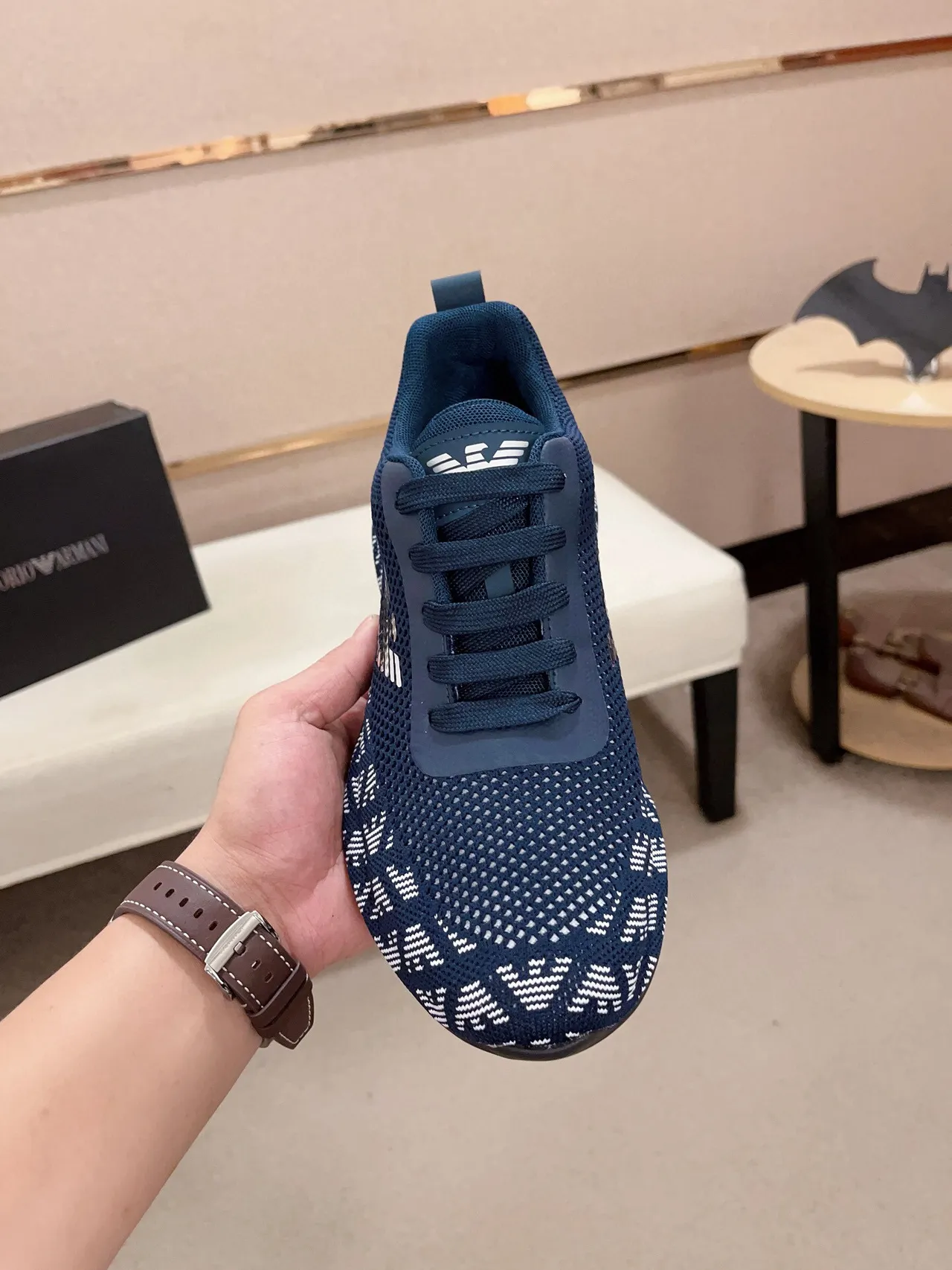Emporio Armani Navy and White Monogram Knit Sneaker 2