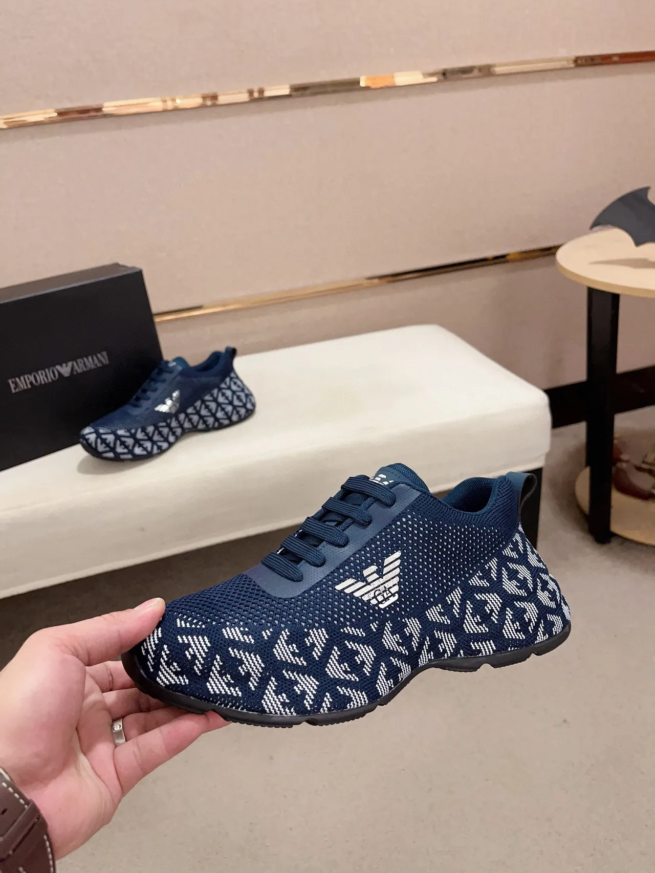 Emporio Armani Navy and White Monogram Knit Sneaker 3
