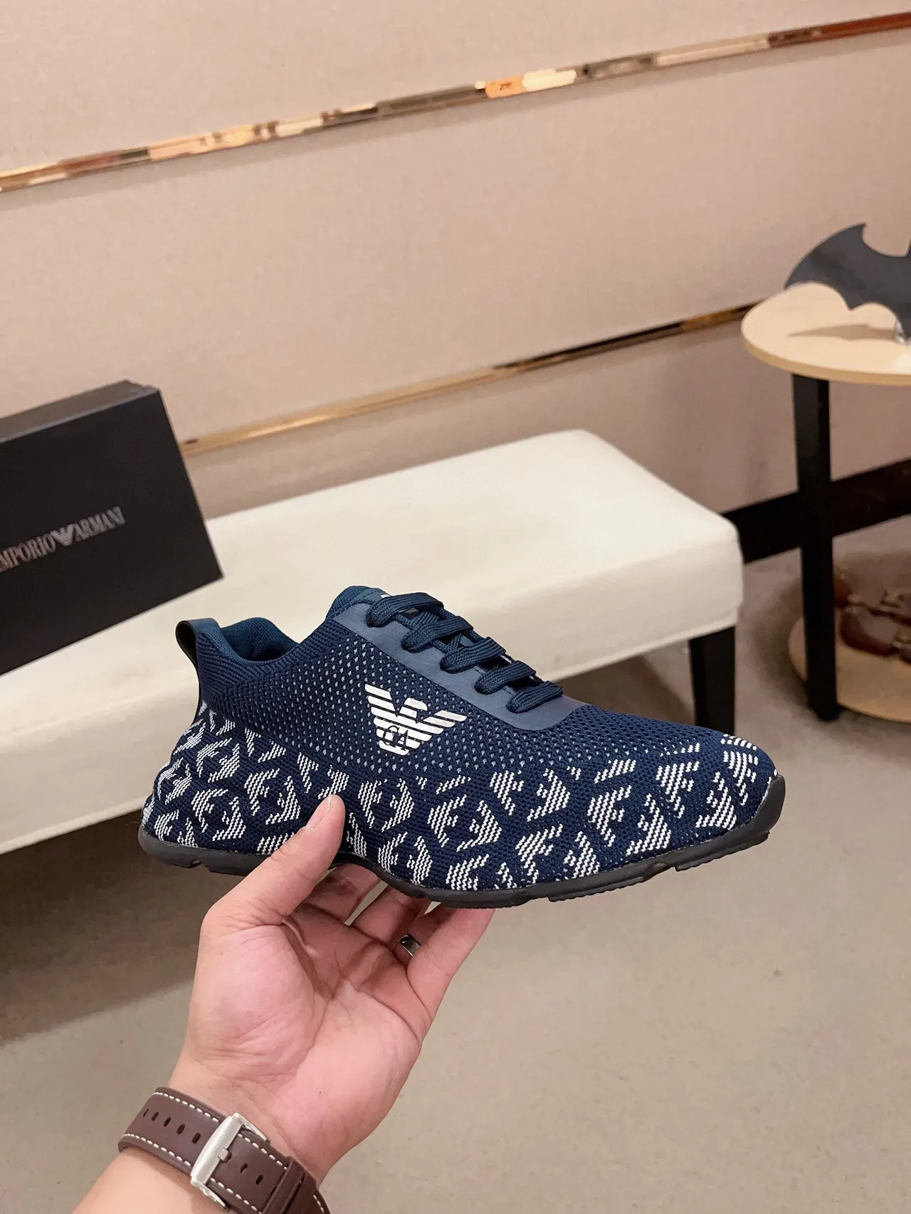 Emporio Armani Navy and White Monogram Knit Sneaker 4
