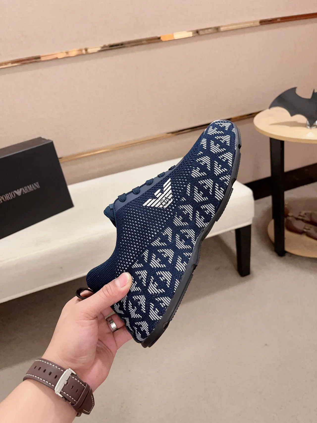Emporio Armani Navy and White Monogram Knit Sneaker 5