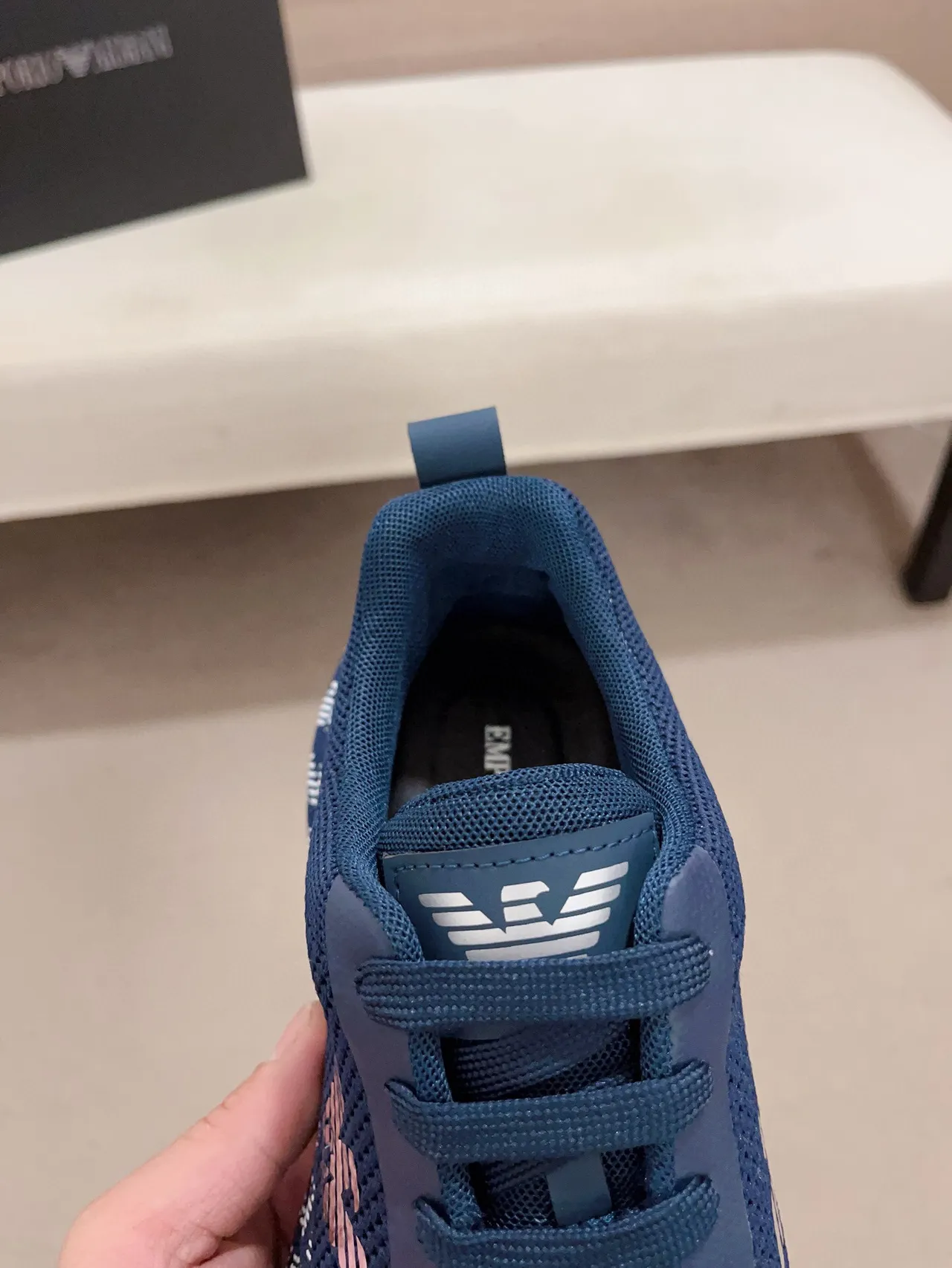 Emporio Armani Navy and White Monogram Knit Sneaker 6