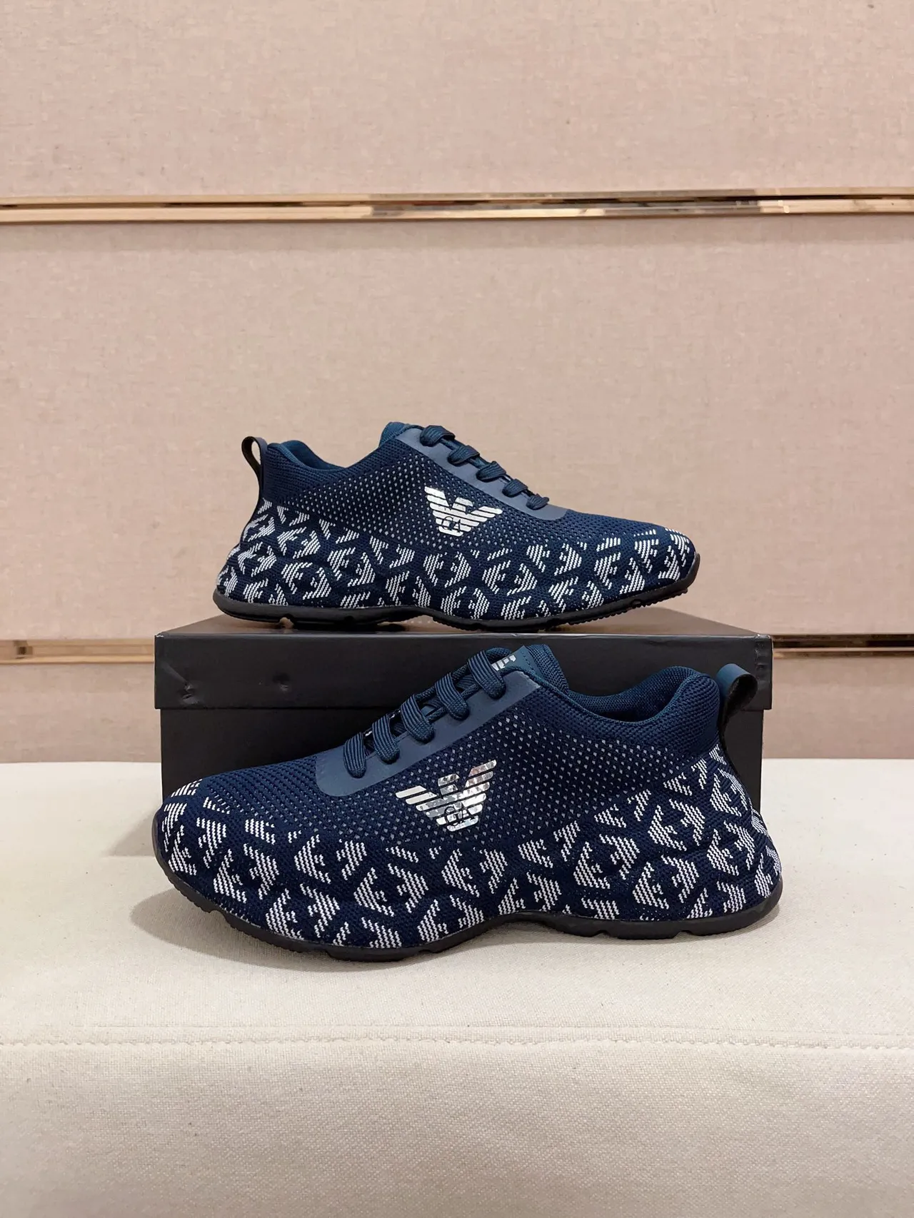 Emporio Armani Navy and White Monogram Knit Sneaker 7