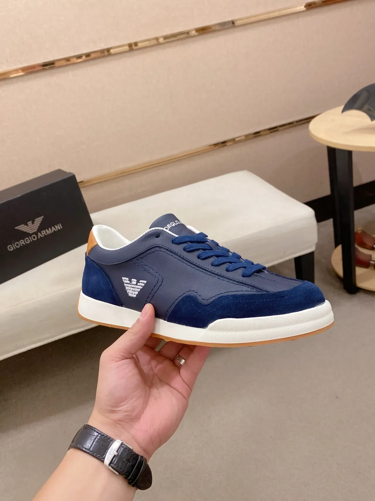 Emporio Armani Navy Blue Leather-Suede Eagle Logo Lifestyle Sneaker 4