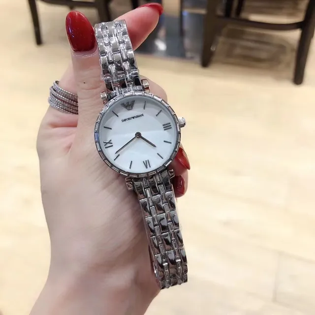 Emporio Armani Montre à quartz boîtier argent blanc rond bisel cristal-enserré 6
