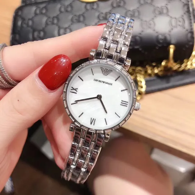 Emporio Armani Montre à quartz boîtier argent blanc rond bisel cristal-enserré 7