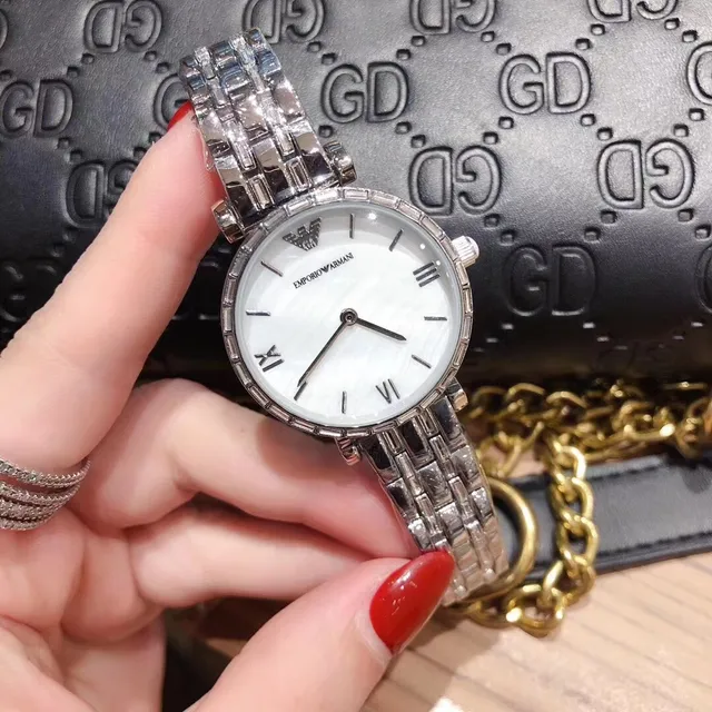 Emporio Armani Montre à quartz boîtier argent blanc rond bisel cristal-enserré 8