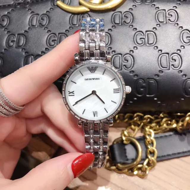 Emporio Armani Montre à quartz boîtier argent blanc rond bisel cristal-enserré 9