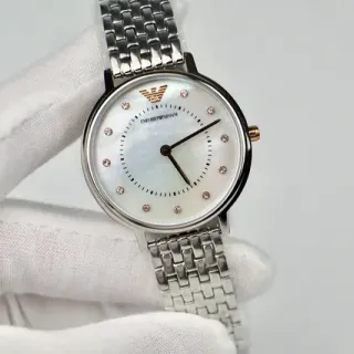 Emporio Armani রূপালি সাদা গোল কেস মাদার অফ পার্ল ডায়াল কোয়ার্টজ ঘড়ি