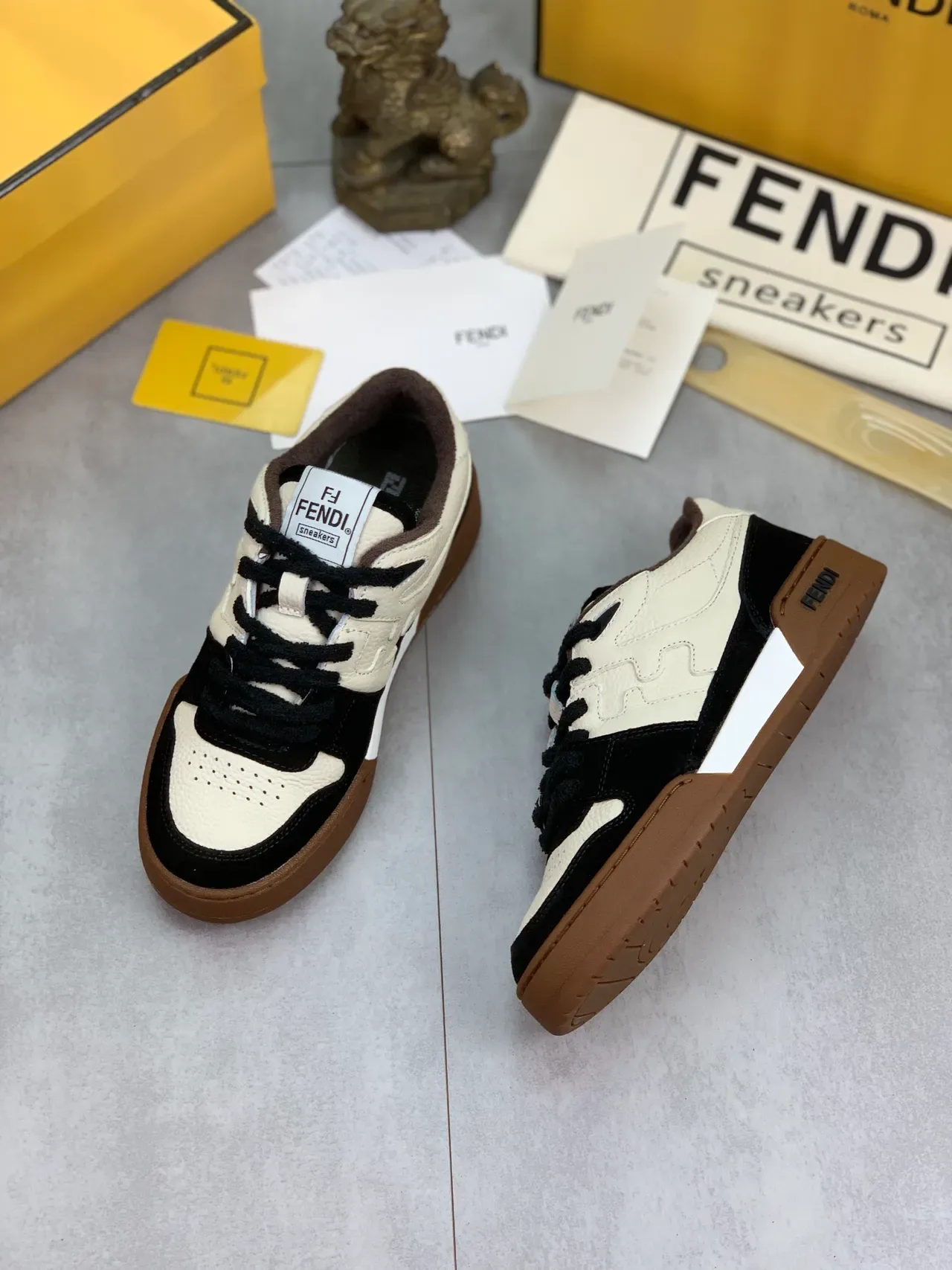 Fendi حذاء رياضي بيج أسود منخفض بمواد مختلطة للستايل الحياتي 6