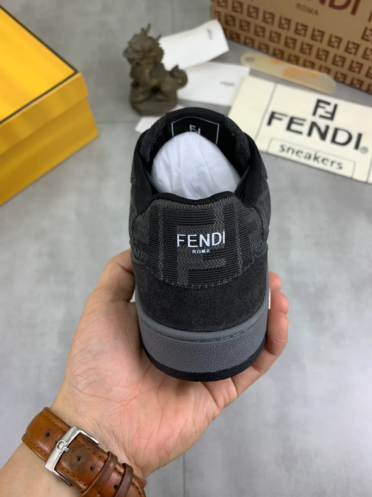 Fendi Black Gray Monogram Jacquard Textile Suede Overlays Lifestyle Sneakers 3