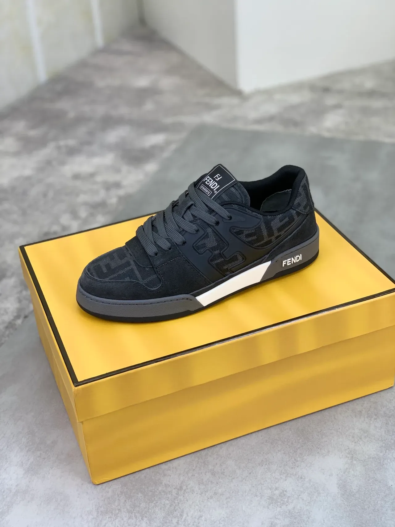 Fendi Black Gray Monogram Jacquard Textile Suede Overlays Lifestyle Sneakers 4