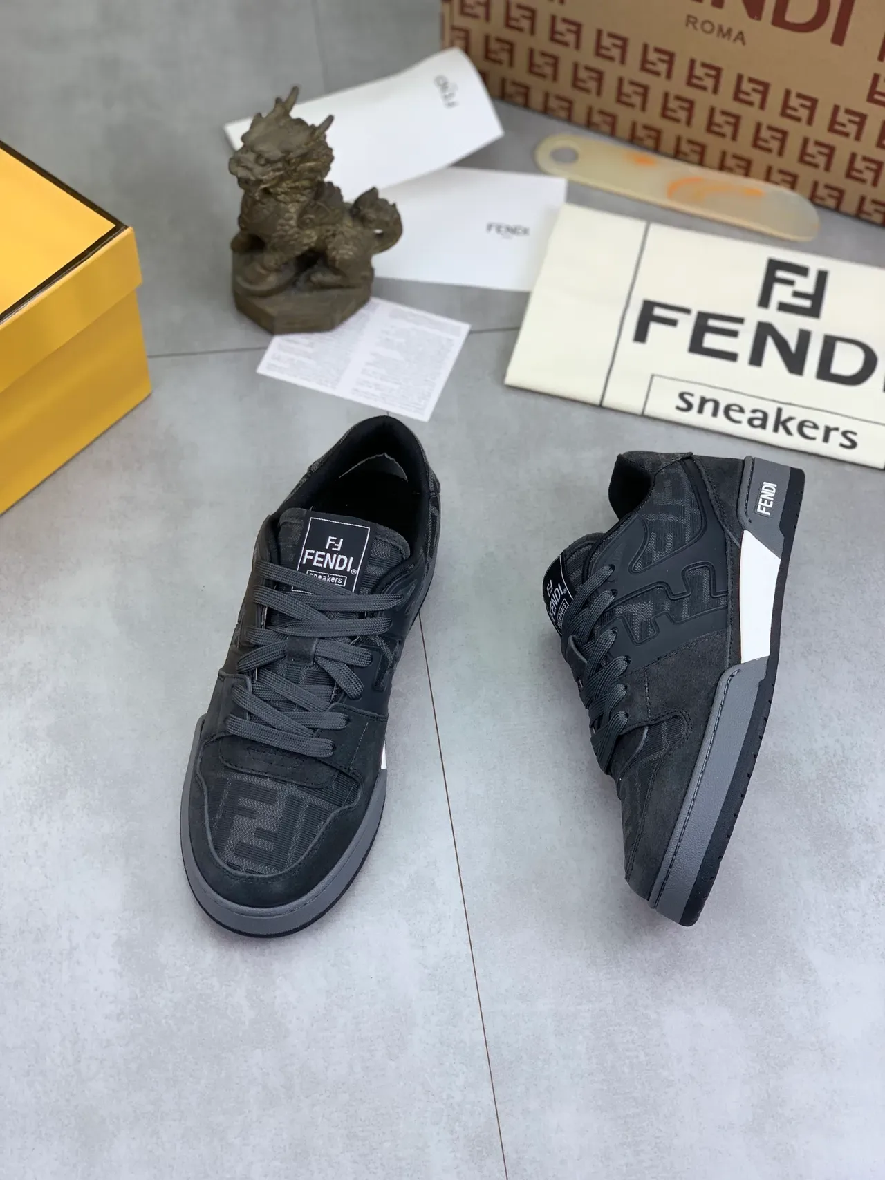 Fendi Black Gray Monogram Jacquard Textile Suede Overlays Lifestyle Sneakers 5
