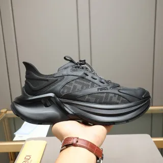 Fendi Black Monogrammed Mesh Sculpted Layered Sole Chunky Sneakers