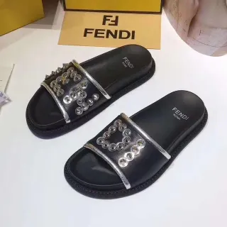 Fendi Black Silver Studded Strap Metal Chain Detail Slippers