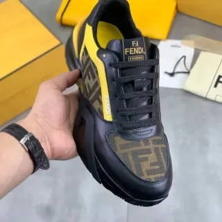 Fendi Black Yellow Sole FF Monogram Fabric Chunky Sneakers