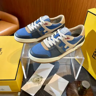 Fendi Blue Beige Color-Blocked Canvas And Leather Upper Prominent FF Logo Overlay Sneakers