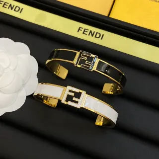 Fendi FF Cuff Black White Enamel-Inlaid Gold-Tone Metal Bracelet