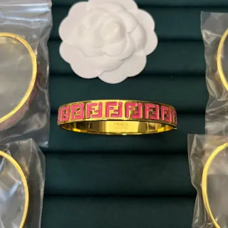 Fendi FF Logo Pink Enamel Gold-Tone Bangle Bracelet