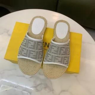 Fendi FF Monogram Beige Gray Canvas Strap Jute-Wrapped Espadrille Sole Slippers