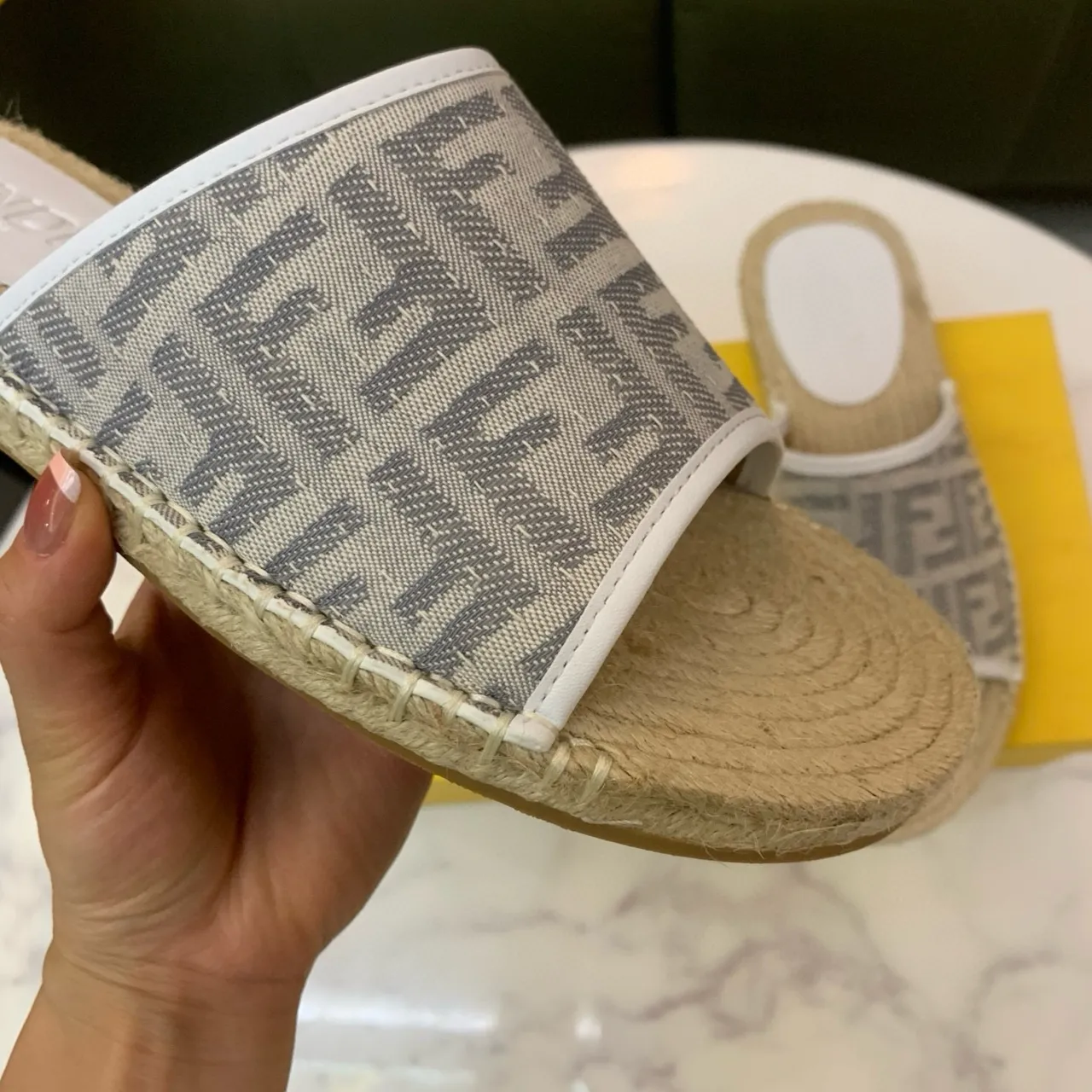 Fendi FF Monogram Beige Gris Toile Bride Enveloppée Jute Semelle Espadrille Pantoufles 6