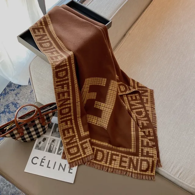 Fendi FF Monogram Brown and Beige Plaid Shawl 4